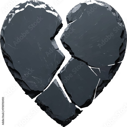 Broken Heart Symbol Made of Dark, Cracked Stone Material