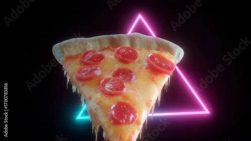 A slice of pizza with pepperoni on it is shown in a neon green triangle. The pizza is melting and dripping, giving it a fun and playful vibe