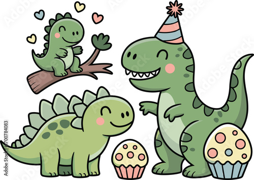 Cute cartoon dinosaurs celebrating birthday party with cupcakes, party hat, hearts, adorable prehistoric animals, children illustration, fun design