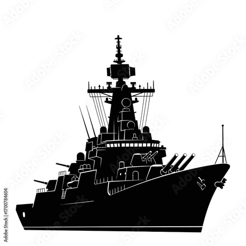 Silhouette of a modern naval warship, showcasing its complex superstructure and weaponry.