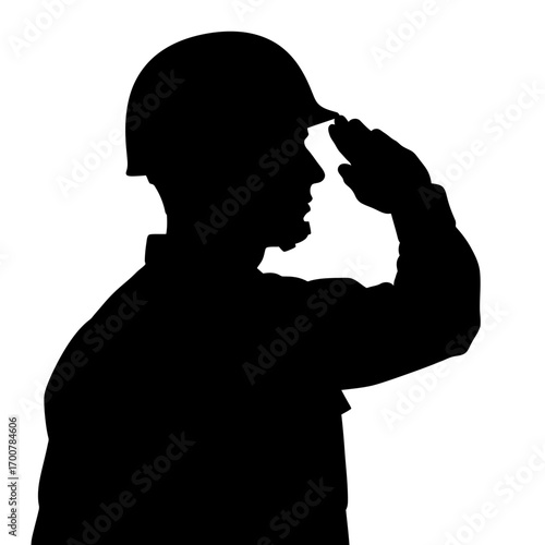 Silhouette of a soldier in uniform saluting, symbolizing respect and military service.