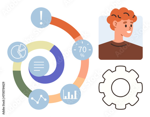 Spiral infographic with progress rings, chart data, and visual elements thumbs up user avatar and gear. Ideal for analytics, teamwork, management, productivity, workflow, user insights simple flat