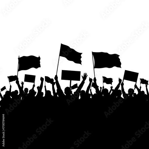 Black silhouette of a large crowd of people protesting, holding flags and blank signs against a plain white background.