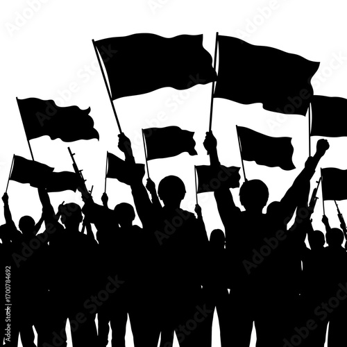 Silhouette of a crowd of people holding flags in the air.
