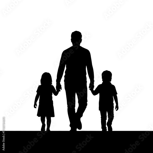 Silhouette of a father walking with his two children, holding their hands, against a white background.