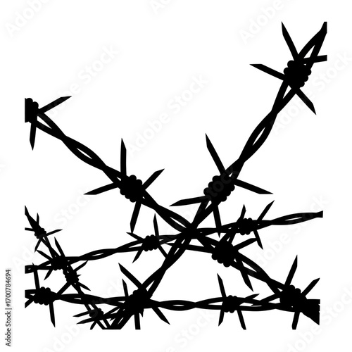 Black silhouette of tangled barbed wire strands creating a barrier or fence element on a white background.