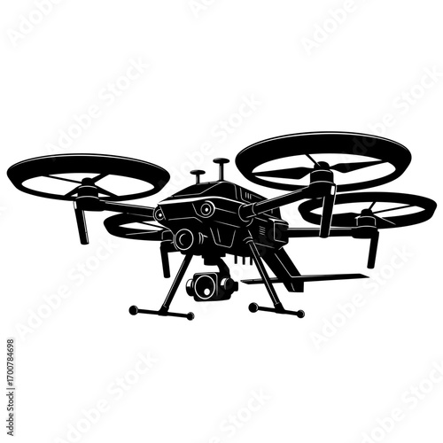 Silhouette of a drone with multiple rotors and a camera.