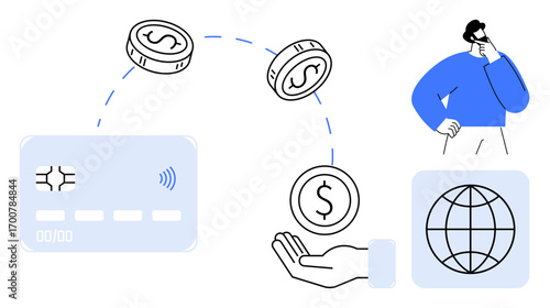 Credit card transferring funds via coins into a hand with a globe symbolizing global exchange. Ideal for finance, e-commerce, cryptocurrency, global trade, digital wallet, banking, international