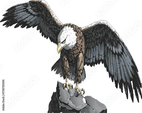 Majestic Bald Eagle Perched on Rocks, Wings Spread Wide, Fierce Gaze