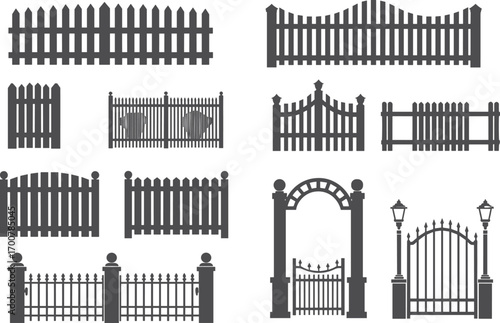 Set of spooky and haunted fence and gate silhouettes – Halloween cemetery, gothic iron gate, wooden picket fence clipart