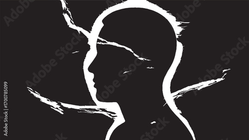 Silhouette of a person's head with abstract white lines, symbolizing thought or emotion