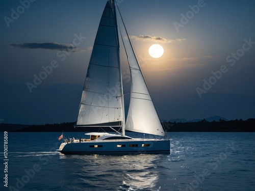 Luxury Yacht Sailing on Calm Blue Ocean