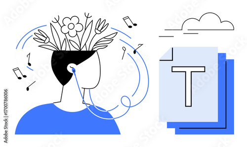 Headset-wearing person surrounded by music notes, flowers symbolizing growth, text document, cloud. Ideal for creativity, music, mindfulness, learning, innovation branding simple landing page