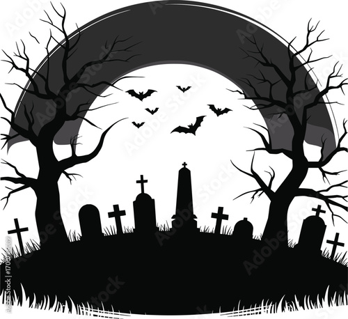 Spooky Halloween graveyard scene with bare trees, tombstones, flying bats, and a dark eerie sky – Halloween horror illustration