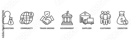 Stakeholder icon set illustration illustration concept with icon of investors, community, trade unions, government, supplier, customer, creditor 