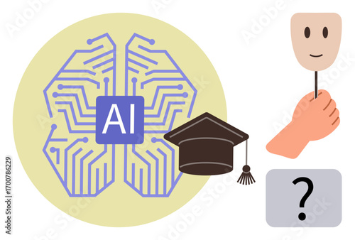 AI brain with circuits, graduation cap symbolizing knowledge, hand holding a mask for identity, question mark for curiosity. Ideal for education, artificial intelligence, ethics, innovation