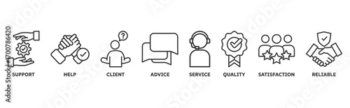 Customer Care icon set illustration illustration concept with icon of support, help, client, advice, service, quality, satisfaction, reliable 