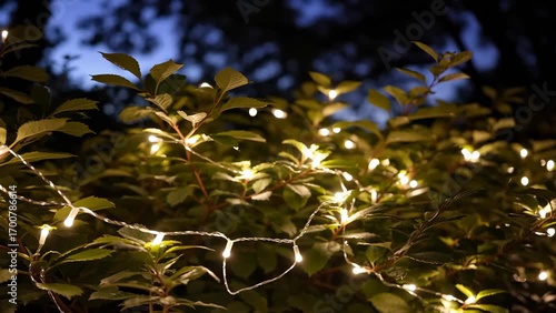 Wallpaper Mural Twinkling String Lights on Foliage in Evening Garden Setting with Soft Glow Torontodigital.ca