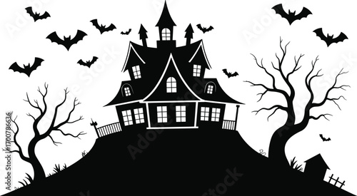Spooky haunted house on a hill with bats flying, bare twisted trees, eerie fence, and creepy Halloween atmosphere illustration