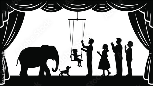 Circus stage performance, elephant show, child on swing, family audience clapping, pet dog, entertainment scene, theater curtain background