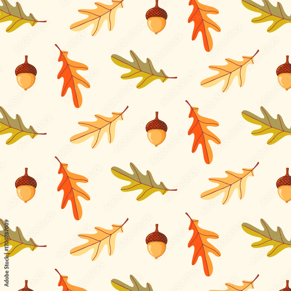 Obraz premium Seamless pattern of doodle oak leaves and acorns on isolated background. Hand drawn background for Autumn harvest holiday, Thanksgiving, Halloween, seasonal, textile, scrapbooking.