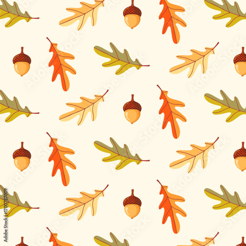 Seamless pattern of doodle oak leaves and acorns on isolated background. Hand drawn background for Autumn harvest holiday, Thanksgiving, Halloween, seasonal, textile, scrapbooking.