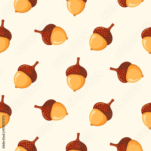 Seamless pattern of acorns on isolated background. Hand drawn background for Autumn harvest holiday, Thanksgiving, Halloween, seasonal, textile, scrapbooking.
