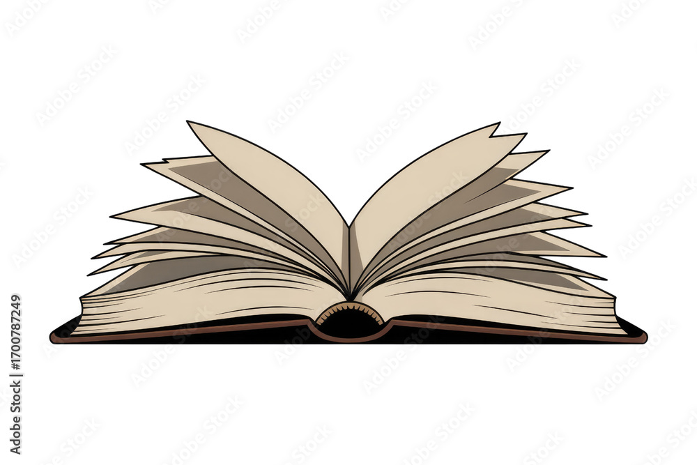 Fototapeta premium Open book illustration, pages fanned out, vintage style, knowledge, reading. background removed