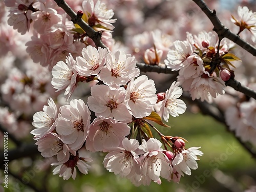 Delicate Pink Cherry Blossoms on Tree Branches