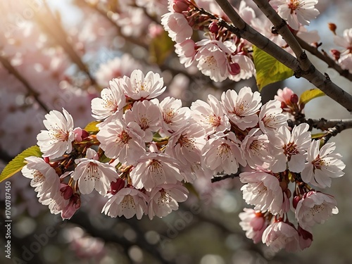 Delicate Pink Cherry Blossoms on Tree Branches