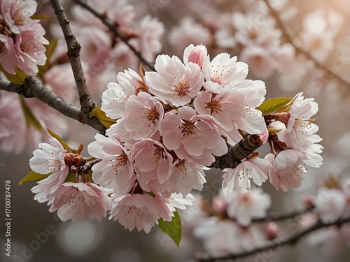 Delicate Pink Cherry Blossoms on Tree Branches