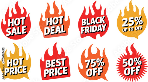 Vibrant sale stickers featuring hot deals black friday discounts and price reductions for promotional marketing showcasing 25% 50% and 75% off offers