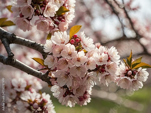 Delicate Pink Cherry Blossoms on Tree Branches