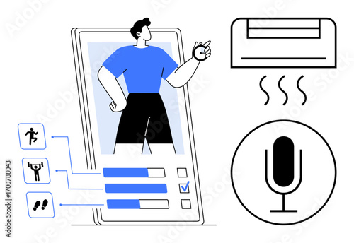 Person in app interface with activity stats, icons for fitness categories, microphone symbol, HVAC unit. Ideal for fitness, technology, smart home, health, data visualization IoT simple landing