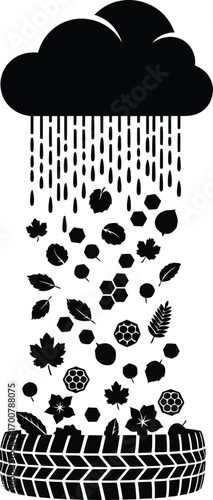 A black and white illustration depicting rain falling on various natural elements, collected by a tire.