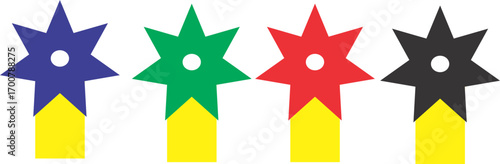 Four abstract star-shaped symbols with different colors, each with a yellow base and a white circle.