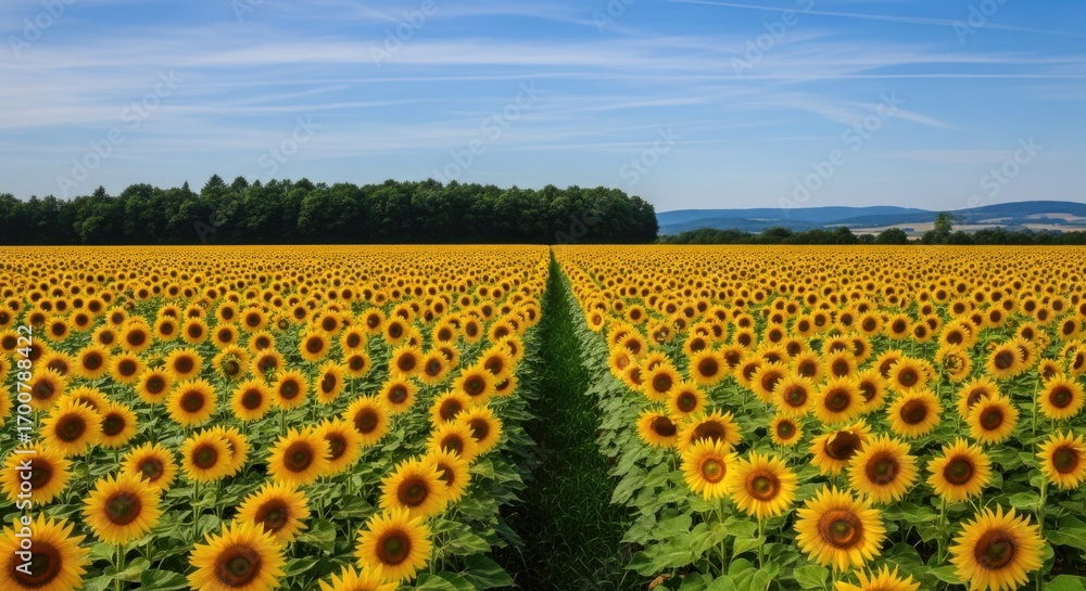 Obraz premium Vast Field of Sunflowers Under a Bright Blue Sky