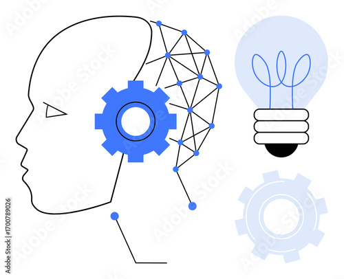 Human head outline with connected neural network and central blue gear, accompanied by a glowing blue-tinted light bulb and secondary gear. Ideal for AI, machine learning, innovation, technology