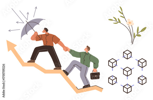 Two individuals ascending growth arrow, one shielding with umbrella, other holding briefcase. Cubes represent networks, branch adds nature. Ideal for teamwork, growth, resilience, leadership