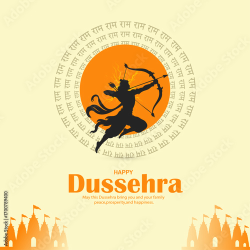 Happy Dussehra Greeting with Lord Rama Shooting Bow Illustration