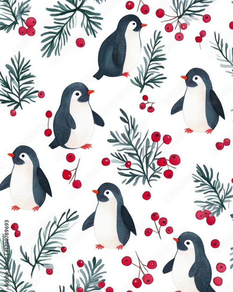 Obraz premium Whimsical penguin holiday repeating seamless pattern