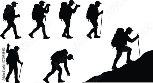 Hiking silhouette collection, backpack traveler, mountain climbing, outdoor trekking, nature exploration, walking stick, adventure journey, wilderness exploration illustration