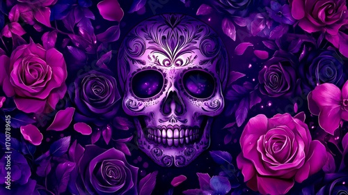 Purple Roses Skull Dia De Los Muertos