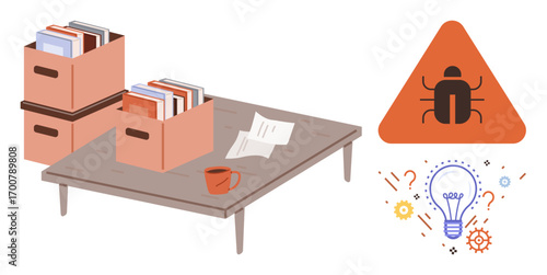 Wooden desk with papers, folders in boxes, coffee mug, bug warning sign, light bulb, and abstract symbols. Ideal for organization, problem-solving, debugging innovation alert workflow simple flat