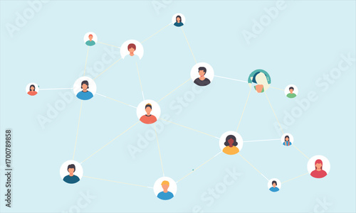 Social network illustration, people connected, online communication, digital community, social media network, virtual connections, teamwork concept, global collaboration