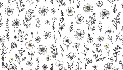 A charming and intricate floral pattern design features various small flowers and plants, drawn in elegant black lines, against a white background.