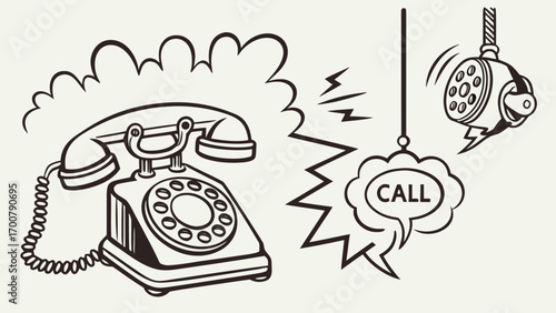 Vintage rotary phone with ringing illustration, showing a call in progress.