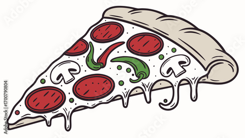 A delicious slice of pepperoni pizza with melted cheese, mushrooms, and peppers.