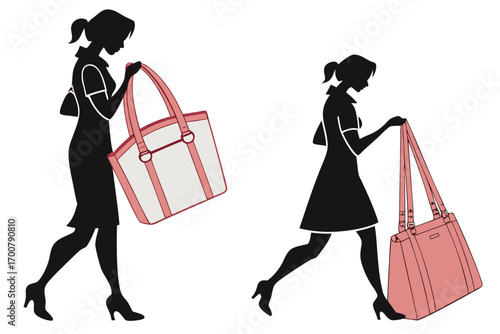 Two women carrying large tote bags, side-by-side silhouettes.