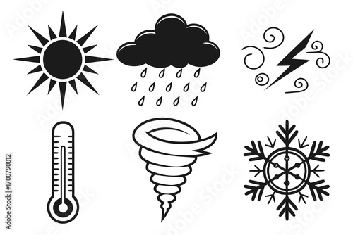 A collection of six black and white weather icons representing sun, rain, storm, temperature, tornado, and snow.